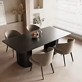 Modern Dark Dining Table Set With Four Light Gray Chairs Fruit Bowl And Vase