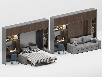 Modern Multifunctional Room Design With Bed Sofa Desk And Storage Units 3d model