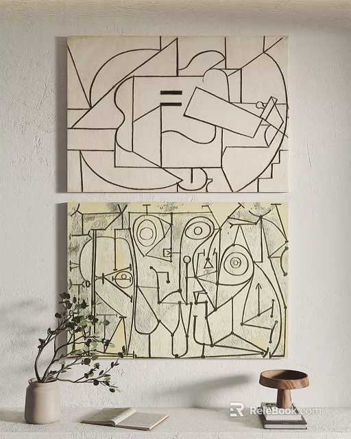 Abstract Art Paintings With Black White Lines And Geometric Design Elements 3d model 
