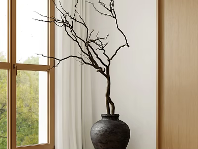 Bonsai Plant in Black Clay Pot by Indoor Window with Bare Branches White Curtain Wooden Frame and Green View Outside 3d model