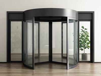 Modern Revolving Door With Black Frame Glass And Potted Plant On Wooden Floor 3d model
