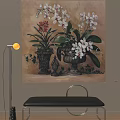 Plant Painting Of White Pink Orchids In Vintage Vases On Beige Background With Green Leaves