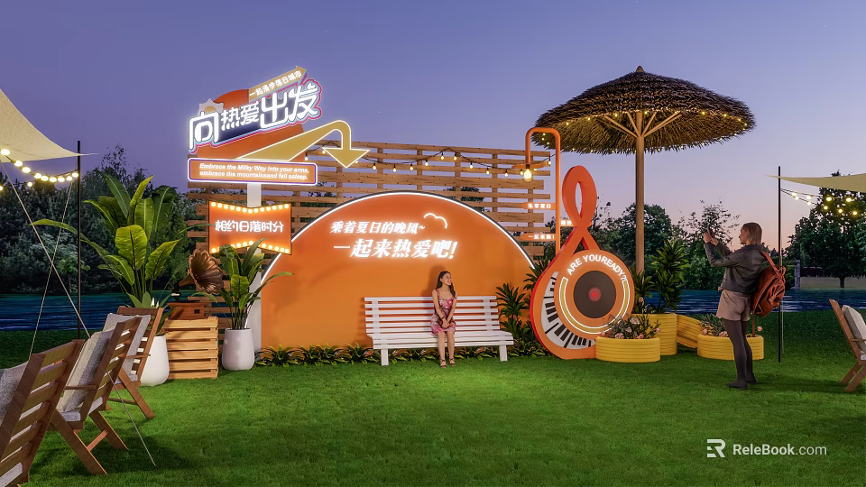Popular Photo Check-in Spot with Orange Arched Backdrop Thatched Umbrella Piano Keyboard Decor On Lawn 3d model 