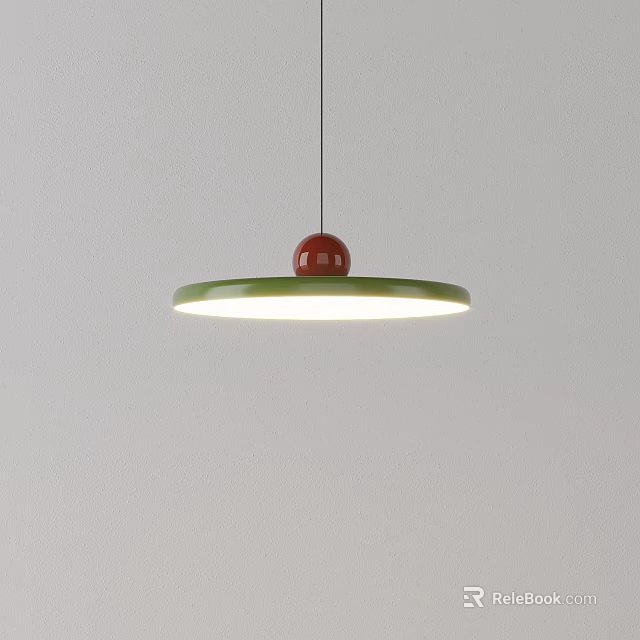 Modern Minimalist Pendant Light With Green Circular Disk And Red Spherical Top 3d model