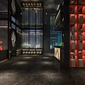 Modern Bar With Open Counter Green Plants Blue Wall Black Marble Floor And Wine Rack