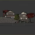 Cartoon Scenic Scene With Japanese Style Houses Red Maple Trees Torii Gate And Water Area
