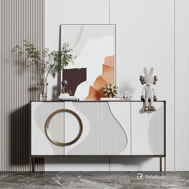 Modern Entryway Cabinet Sideboard With Circular Geometric Accent Striped Pattern Gold Legs And Decorative Bunny 3d model 