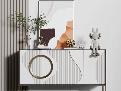 Modern Entryway Cabinet Sideboard With Circular Geometric Accent Striped Pattern Gold Legs And Decorative Bunny 3d model