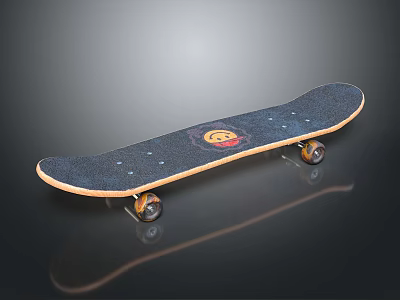 Black Skateboard With Smiley Face Design Wooden Edge And Wheels On Reflective Surface 3d model