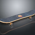 Black Skateboard With Smiley Face Design Wooden Edge And Wheels On Reflective Surface