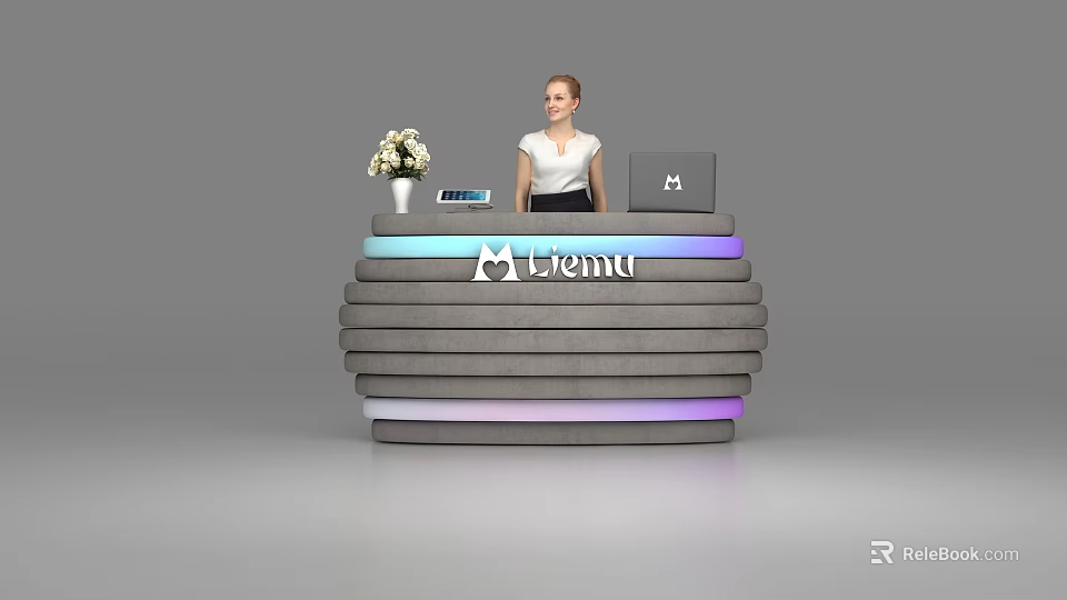 Layered Gray Reception Desk With M-lemo Logo Flower Vase Tablet Laptop And Receptionist 3d model 