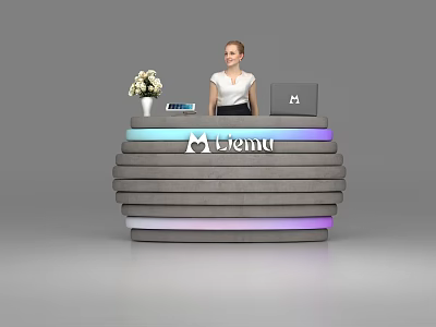 Layered Gray Reception Desk With M-lemo Logo Flower Vase Tablet Laptop And Receptionist 3d model