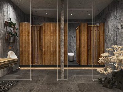 Modern Public Restroom Featuring Bamboo Stalls Marble Accents Gray Stone Walls And Plants 3d model