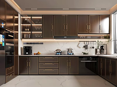 Modern Kitchen Interior With Dark Wood Cabinets Marble Countertop And Built in Appliances 3d model