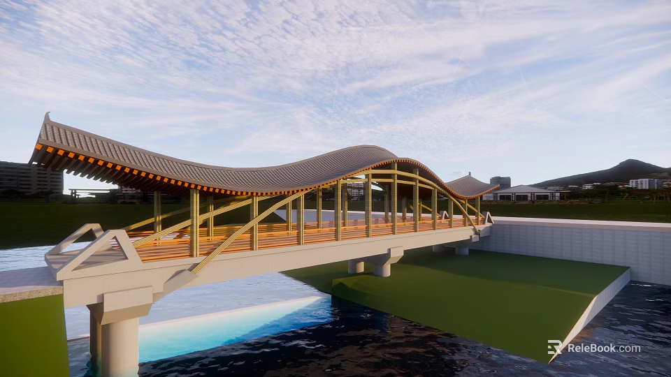 Wavy Roof Wooden Bridge Over Water Featuring Green Grass Piers Under Blue Sky 3d model 