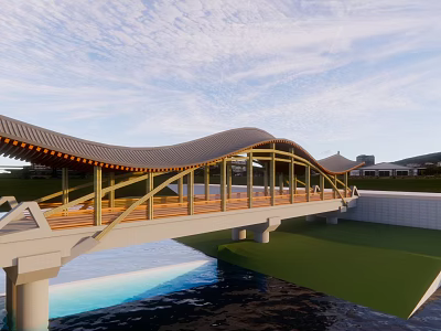Wavy Roof Wooden Bridge Over Water Featuring Green Grass Piers Under Blue Sky 3d model