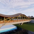 Wavy Roof Wooden Bridge Over Water Featuring Green Grass Piers Under Blue Sky