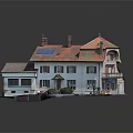 Traditional White House With Red Roof Solar Panels Chimneys Red Shutters Front Steps And Shrubs