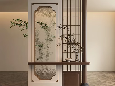 Chinese Style Room Divider With Wooden Frame Glass Screen And Bamboo Plant 3d model