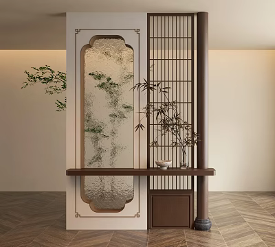 Chinese Style Room Divider With Wooden Frame Glass Screen And Bamboo Plant 3d model