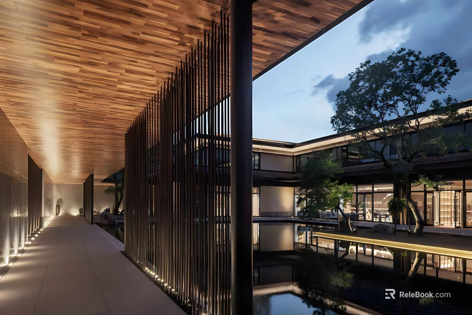 Modern Sales Office Building With Wooden Roof Black Vertical Slats Pool Evening Lighting And Trees 3d model 