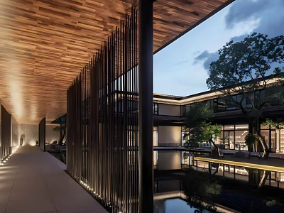 Modern Sales Office Building With Wooden Roof Black Vertical Slats Pool Evening Lighting And Trees 3d model
