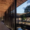 Modern Sales Office Building With Wooden Roof Black Vertical Slats Pool Evening Lighting And Trees
