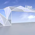 Modern Geometric Archway with LOGO White Polygonal Structure against Blue Sky and White Clouds