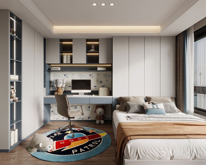 Tatami Bedroom Interior Design With Desk Chair Bookshelf Bed And Cozy Rug 3d model 