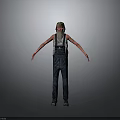 Man with green hair red eyes wearing gray tank top overalls standing against gray background