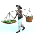 Traditional Man with Conical Hat Carrying Baskets of Fresh Fish on Shoulder Pole