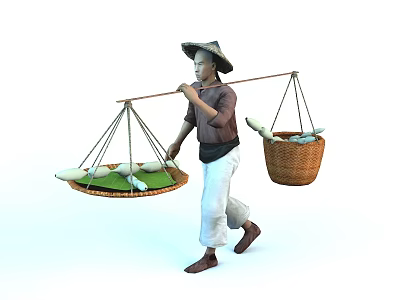 Traditional Man with Conical Hat Carrying Baskets of Fresh Fish on Shoulder Pole 3d model