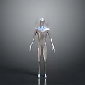 Game and Movie Character Silver Metallic Humanoid With Smooth Surface Standing Pose