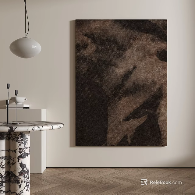 Modern Interior Decor With Hanging Lamp Abstract Painting And Patterned Table 3d model