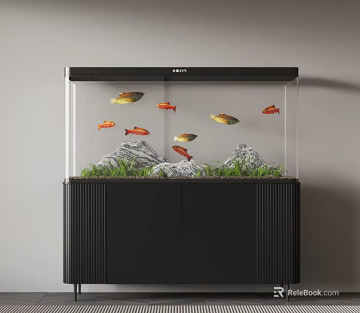 Modern Aquarium Fish Tank With Colorful Fish Aquatic Plants And Rock Decorations On Black Cabinet 3d model 
