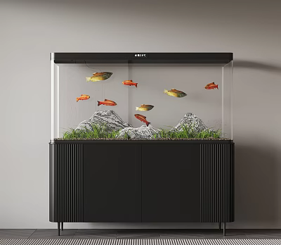 Modern Aquarium Fish Tank With Colorful Fish Aquatic Plants And Rock Decorations On Black Cabinet 3d model