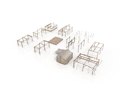 Various Shapes of Furniture Frames Arranged with Small House Like Structure in Initial Production Stage 3d model