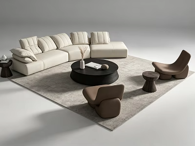 Modern Cream L Shaped Sofa and Black Round Coffee Table Set with Accent Chairs 3d model