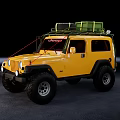 Yellow Jeep Off Road Vehicle Featuring Roof Rack Large Tires And Round Headlights