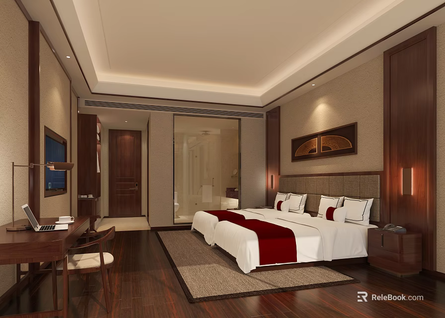 Elegant Chinese Style Hotel Room Interior With Large Bed TV Wooden Furniture And Work Desk 3d model 