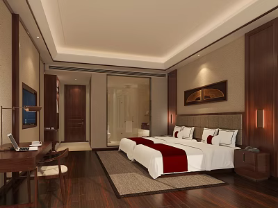 Elegant Chinese Style Hotel Room Interior With Large Bed TV Wooden Furniture And Work Desk 3d model