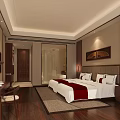 Elegant Chinese Style Hotel Room Interior With Large Bed TV Wooden Furniture And Work Desk