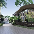 Modern Outdoor Pergola by Swimming Pool with Palm Trees Green Plants and Modern Building