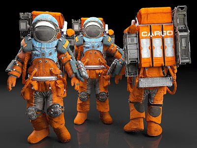 Men Wearing Orange Spacesuits With CARE Backpacks Three Standing Figures 3d model