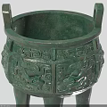 Ancient Bronze Landscape Sculpture With Three Legs Two Handles And Intricate Animal Face Patterns