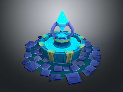 Glowing Blue Spire Structure With Circular Ring And Square Platforms In Fantasy Landscape 3d model