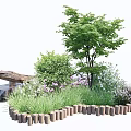 Flower Bed Planters with Green Trees Shrubs and Colorful Flowers in Garden Landscape