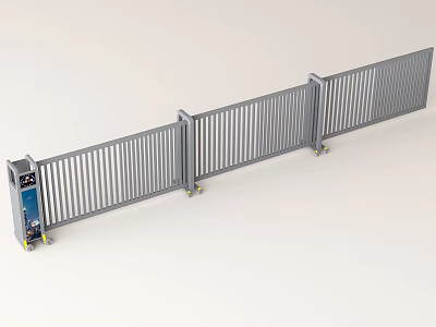 Gray Electric Sliding Gate With Multiple Panels Wheels And Control Box 3d model