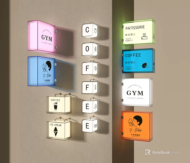 Road Facilities Including Colorful Directional Signs for Gym Cafe Patisserie and Coffee 3d model 