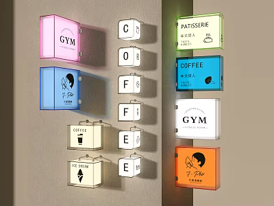 Road Facilities Including Colorful Directional Signs for Gym Cafe Patisserie and Coffee 3d model